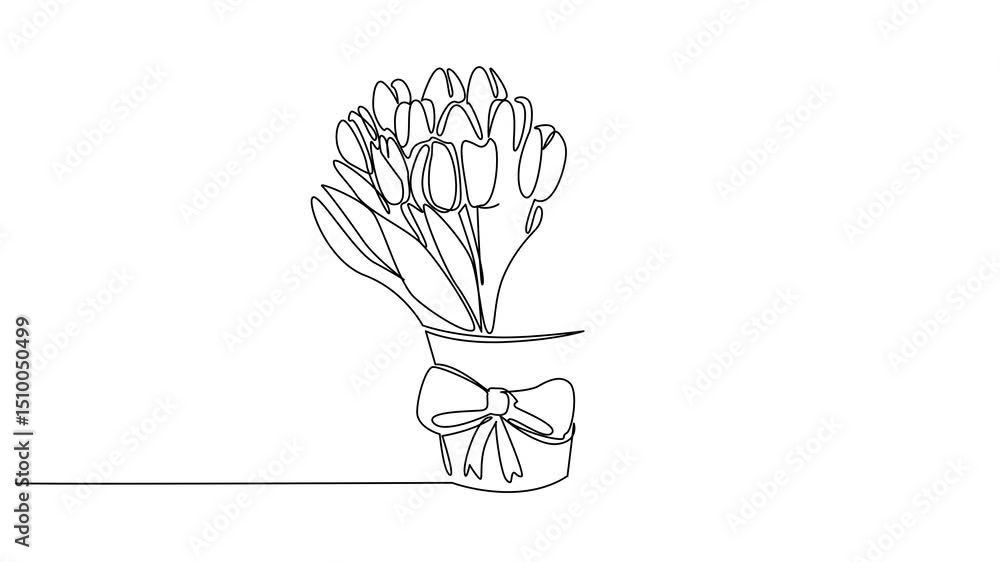 Poster self drawing animation of continuous one line drawing colorful tulip flower arrangement in a bucket 