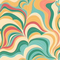 Retro Abstract Wavy Pattern – 60s 70s Hippie Style Vector Design Seamless abstract wave pattern in a retro 60s–70s hippie style. Curved flowing shapes in warm earthy tones of orange, green, turquoise