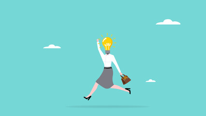 get new business idea or opportunity, intelligence or wisdom to drive career success, creativity or brilliant idea for business success, smart businesswoman jump with light bulb idea head illustration