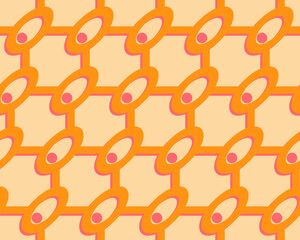 Seamless retro geometric pattern with ovals and dots in bright orange tones – 60s style Seamless geometric pattern with retro hippy vibe. Colorful repeating print with stylized squares, ovals, 
