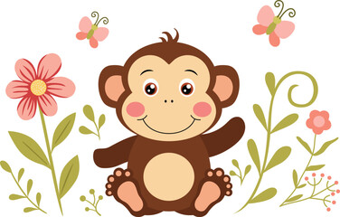 Cute Monkey Surrounded by Flowers and Butterflies