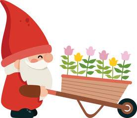 Happy Garden Gnome with a Wheelbarrow of Spring Flowers