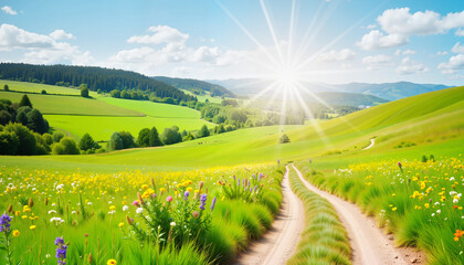 Vibrant wildflower meadow under sunny sky, peaceful countryside beauty