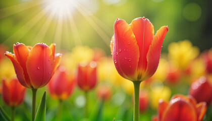 Close-up of colorful tulips glistening with raindrops, spring beauty