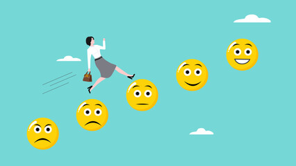 Obraz premium enjoyable work according to your talents and interests, intelligence to improve career success, happy businesswoman jump from anxiety to delight smiling face emoticon vector illustration