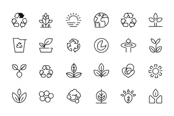 Many ecological outline icons symbolize nature's beauty, recycling efforts, and environmental conservation shown with transparent background