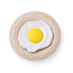 Toy plastic fried egg in a plate for kids isolated on white background, top view