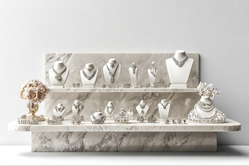 High-end jewelry displayed on elegant marble shelf