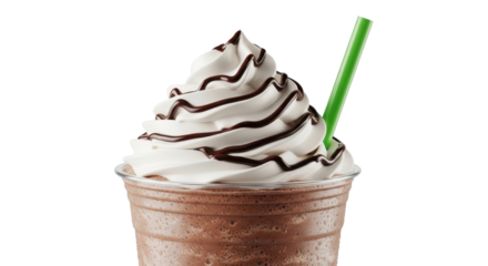 Indulgent chocolate frappe with whipped topping and chocolate drizzle, featuring a bright green
