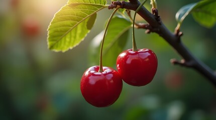 red cherries on a branch