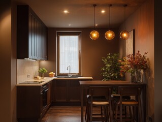 Warm, inviting kitchen with dark wood cabinetry and pendant lights.