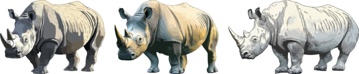 Rhino Vector Illustration Set Isolated on White Background