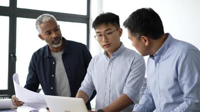 Three professionals review documents in a collaborative setting, likely files recently submitted. They stand around a laptop, deeply engaged with the task.

