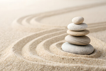 A small stack of smooth pebbles on fine sand, arranged in balance. A calm and minimal image symbolizing zen, mindfulness, and inner peace. Perfect for wellness and meditation themes.