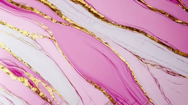 A modern abstract composition featuring interlocking strokes of pink and white, bordered by thin, irregular gold lines.