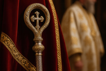 Ornate bishop's crozier with intricate cross detail against rich red velvet, traditional religious vestment in ceremonial setting
