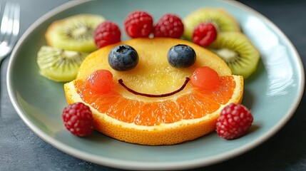 Fruit slice arranged to resemble a happy face on a plate.