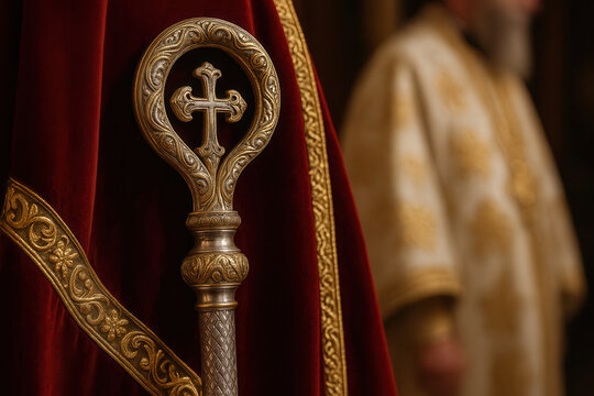 Ornate bishop's crozier with intricate cross detail against rich red velvet, traditional religious vestment in ceremonial setting