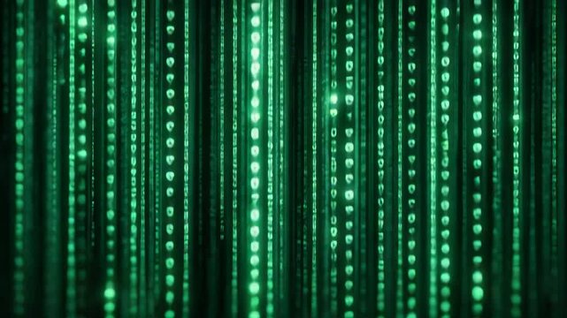 Vertical lines of shimmering green symbols cascade against a dark background, resembling the iconic Matrix-style data rain.