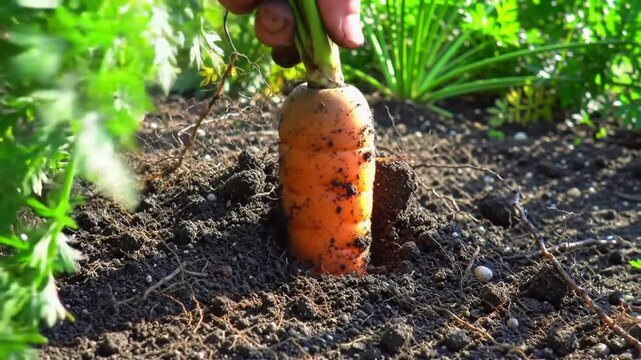 Pulling Fresh Carrot From The Garden Soil In A Sunny Day