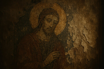 Ancient faded religious painting of jesus christ with halo on cracked aged wall surface, symbolizing time and spiritual endurance