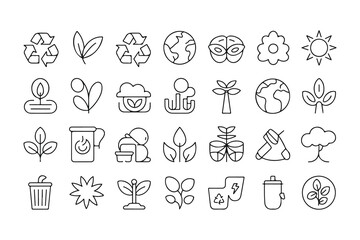 Twentyseven different minimalistic line art icons related to environmental awareness are displayed against a transparent background