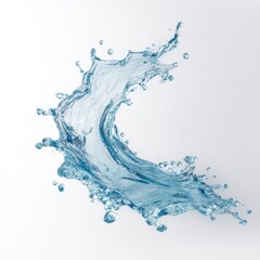 fresh water splash on white background, isolated blue water splash in mid-air, curved water splash with droplets on white background, mineral water splash, water splash isolated, easy to cutout