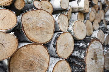 Stack of chopped birch logs prepared for firewood, showing natural textures and wooden surfaces in...
