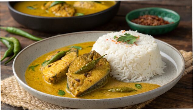 A horizontal close-up of a traditional Bengali dish&mdash;Hilsa fish (Ilish) in mustard sauce&mdash;served with steamed white rice on a ceramic or steel plate, placed on a rustic wooden table. 