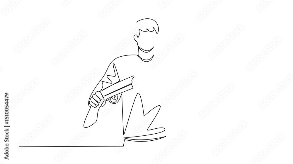Aufkleber animated self drawing of single continuous line drawing a man in casual clothes holds and breaks a s