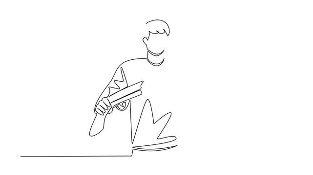 Animated self drawing of single continuous line drawing a man in casual clothes holds and breaks a shotgun with both hands. International Conscientious Objectors Day. Full length animation