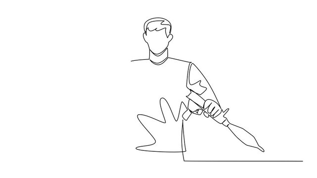 Animation of single continuous line drawing a young man in casual clothes holding and breaking an rpg with both hands. Wanting peace. International Conscientious Objectors Day. Full length motion
