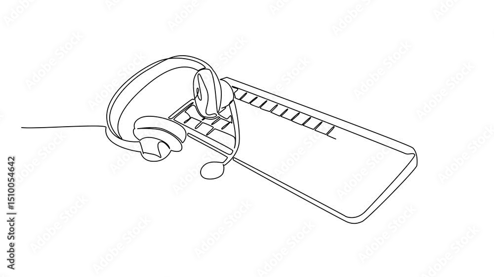 Aufkleber self drawing animation of single continuous line drawing headphones with mic above the keyboard. equ
