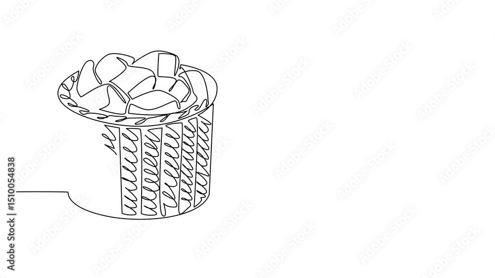 Poster animated self drawing of continuous one line drawing buttermilk biscuit in rattan wicker container. 