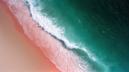 Breathtaking aerial view of a pink salt shoreline blending seamlessly into a vibrant teal ocean under bright midday sun