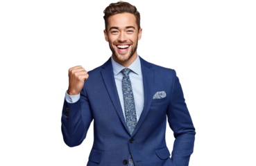 Excited businessman smiling and showing a winning gesture with a clenched fist, isolated on white background