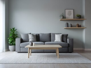 A modern living room with a grey sofa and wooden shelves.