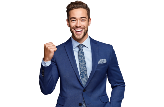 Excited businessman smiling and showing a winning gesture with a clenched fist, isolated on white background