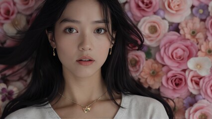 Fototapeta premium Close-up portrait of a young woman with flowers as background.