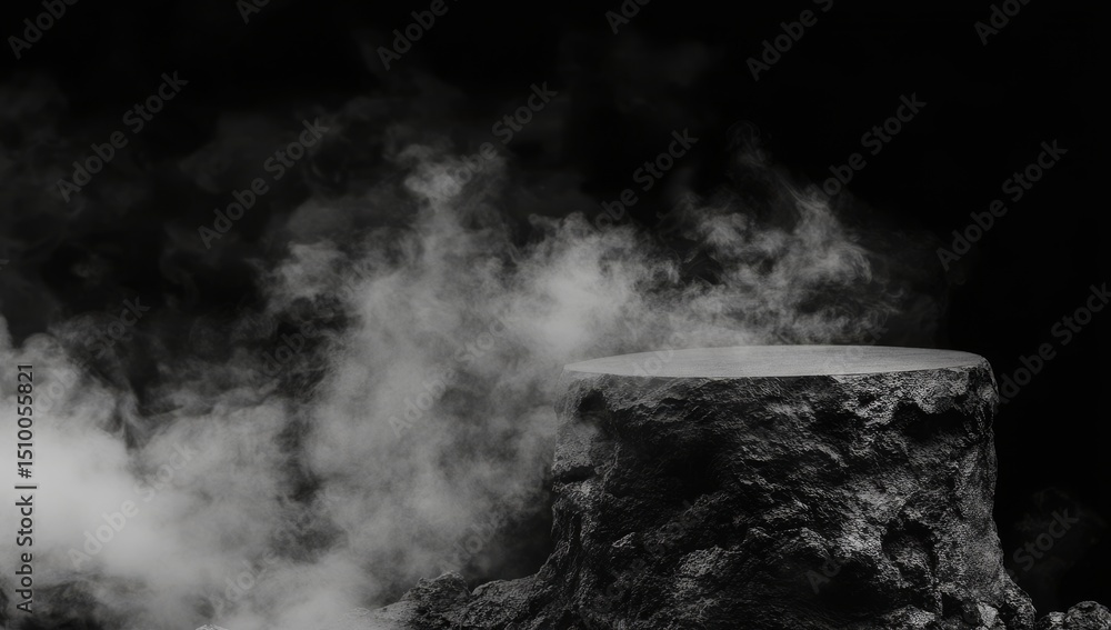 Poster abstract composition featuring a dark black rock podium for showcasing products, complete with a dis