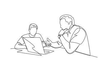 Two businessmen discussing work using laptop in continuous line drawing style