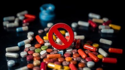 Realistic conceptual image of scattered pills with a prohibition symbol to raise anti drug awareness.