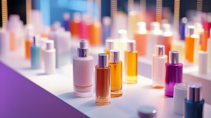Display of assorted perfume bottles in gradient lighting with a beauty theme