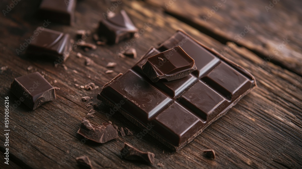 Aufkleber chunks of dark chocolate bar on rustic wooden background with sharp texture contrast
