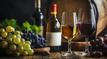 Obraz premium Assorted red and white wine glasses with grapes and bottles in rustic wooden cellar background