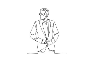 Businessman buttoning jacket in one continuous line drawing