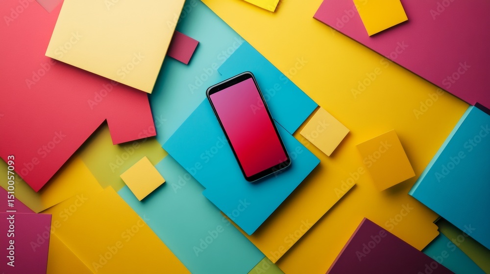 Poster colorful geometric abstract background with layered shapes and mobile device elements in isometric v