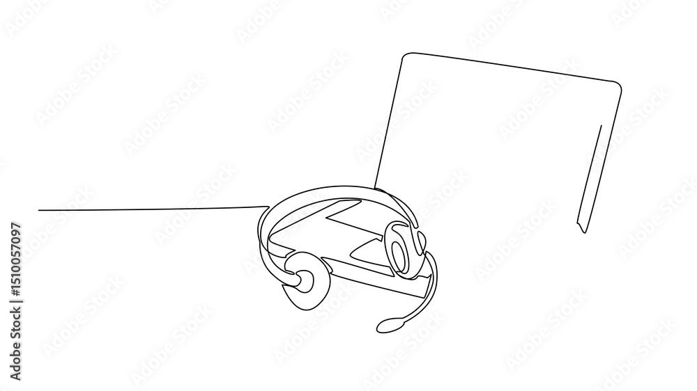 Poster self drawing animation of single one line drawing headphones with mic on top of an open laptop. brea