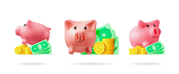 Three pink piggy banks with dollar banknotes and golden coin stacks. Financial savings and investment growth concept for wealth management.