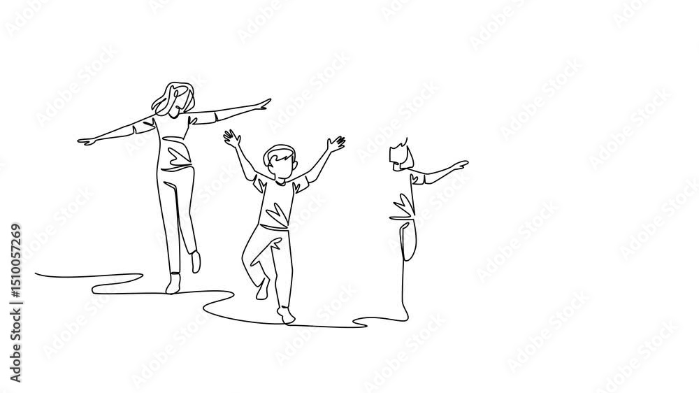 Poster animated self drawing of continuous one line drawing happy family running and stretching both hands.